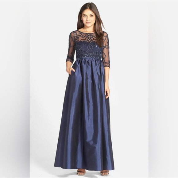 NWT Adrianna Papell Illusion Taffeta Navy Beaded Mesh Gown - Picture 1 of 10